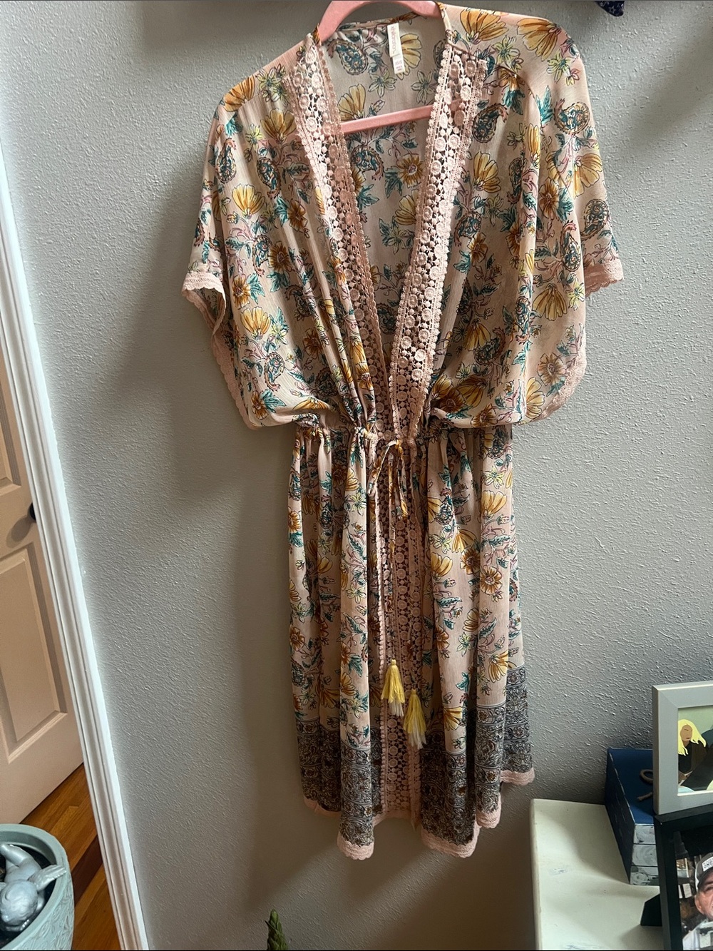 Xhilaration Pink Floral Kimono Coverup with Yellow Tassels